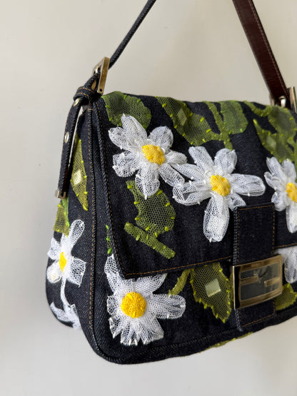 Vintage Fendi Denim Flower Applique Mamma Baguette