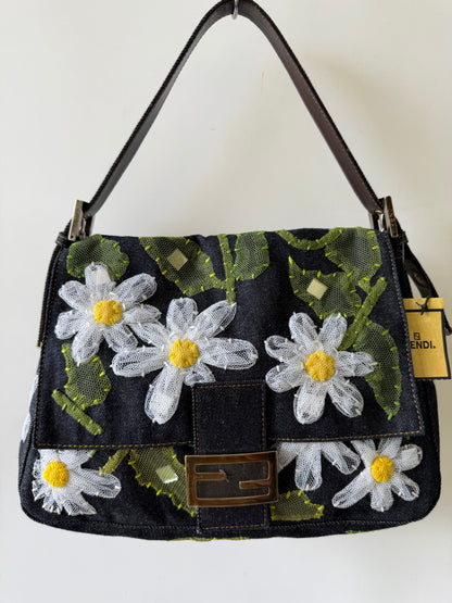 Vintage Fendi Denim Flower Applique Mamma Baguette