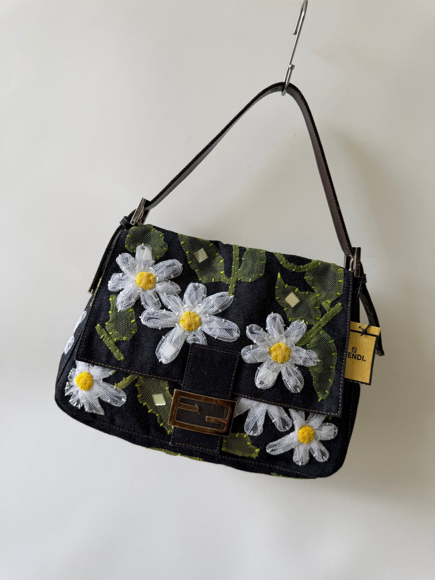Vintage Fendi Denim Flower Applique Mamma Baguette