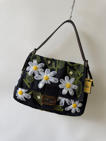 Vintage Fendi Denim Flower Applique Mamma Baguette