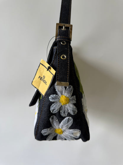 Vintage Fendi Denim Flower Applique Mamma Baguette
