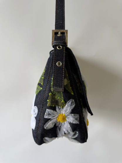 Vintage Fendi Denim Flower Applique Mamma Baguette