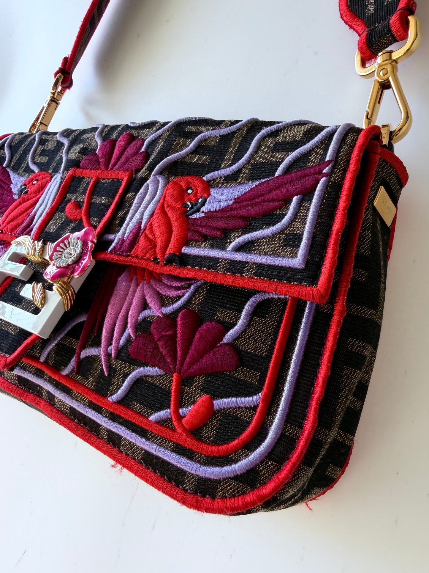 Fendi Tobacco Zucca Embroidered Convertible Baguette Bag