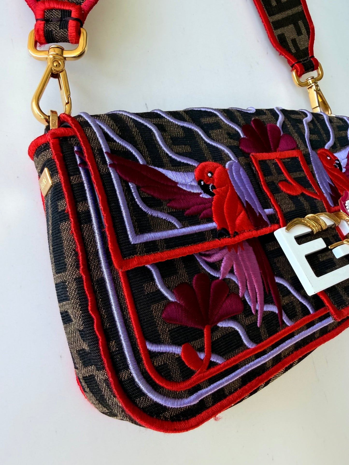 Fendi Tobacco Zucca Embroidered Convertible Baguette Bag
