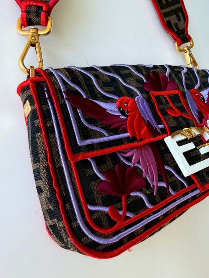 Fendi Tobacco Zucca Embroidered Convertible Baguette Bag