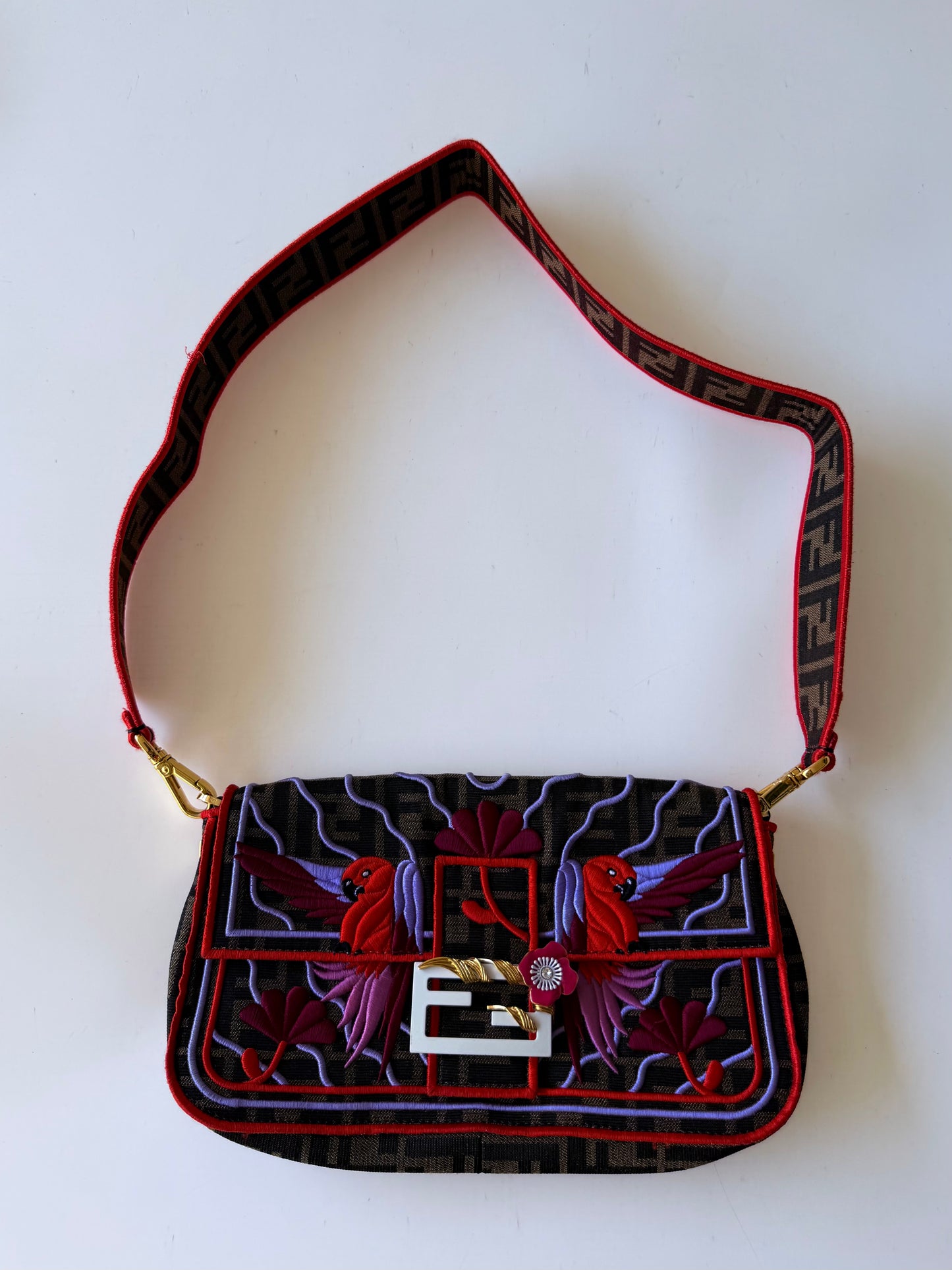 Fendi Tobacco Zucca Embroidered Convertible Baguette Bag