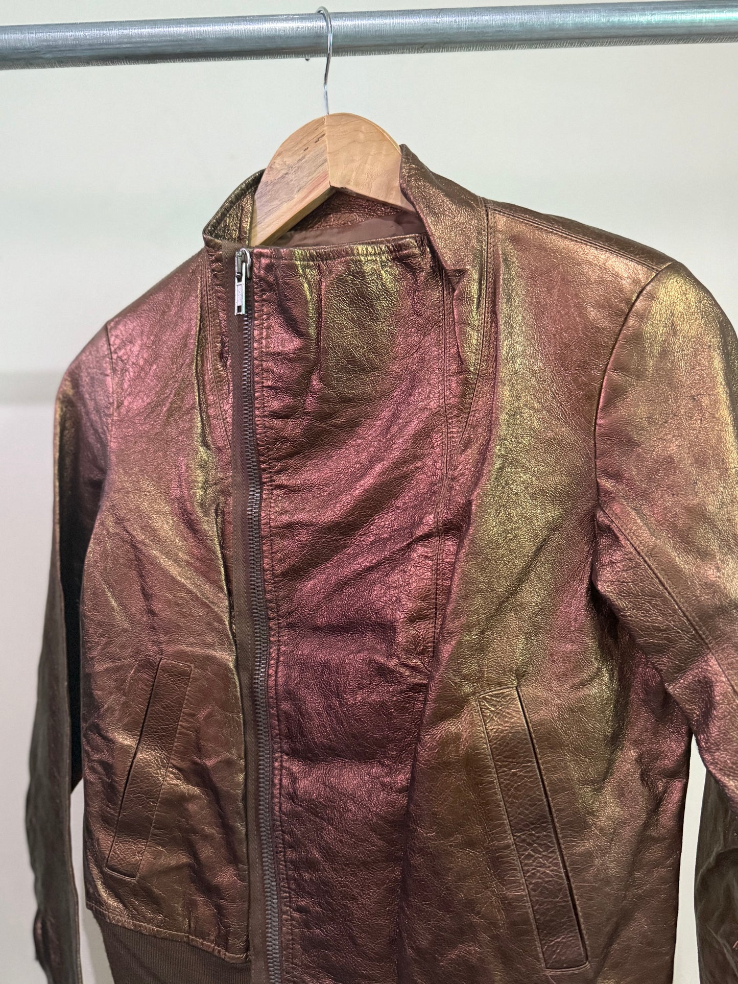Rick Owens Bronze Funnel Neck Leather Jacket