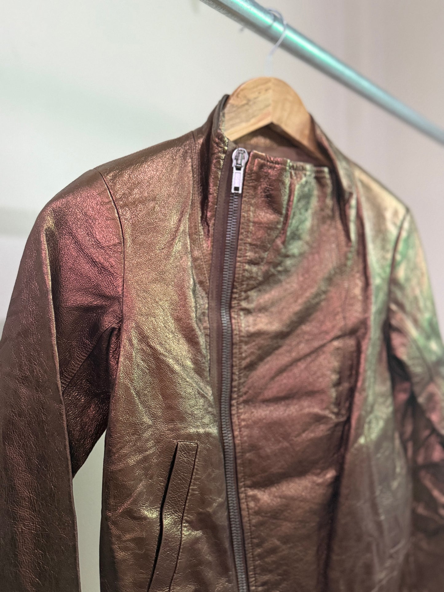 Rick Owens Bronze Funnel Neck Leather Jacket