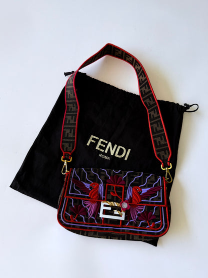 Fendi Tobacco Zucca Embroidered Convertible Baguette Bag
