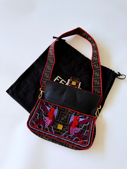 Fendi Tobacco Zucca Embroidered Convertible Baguette Bag