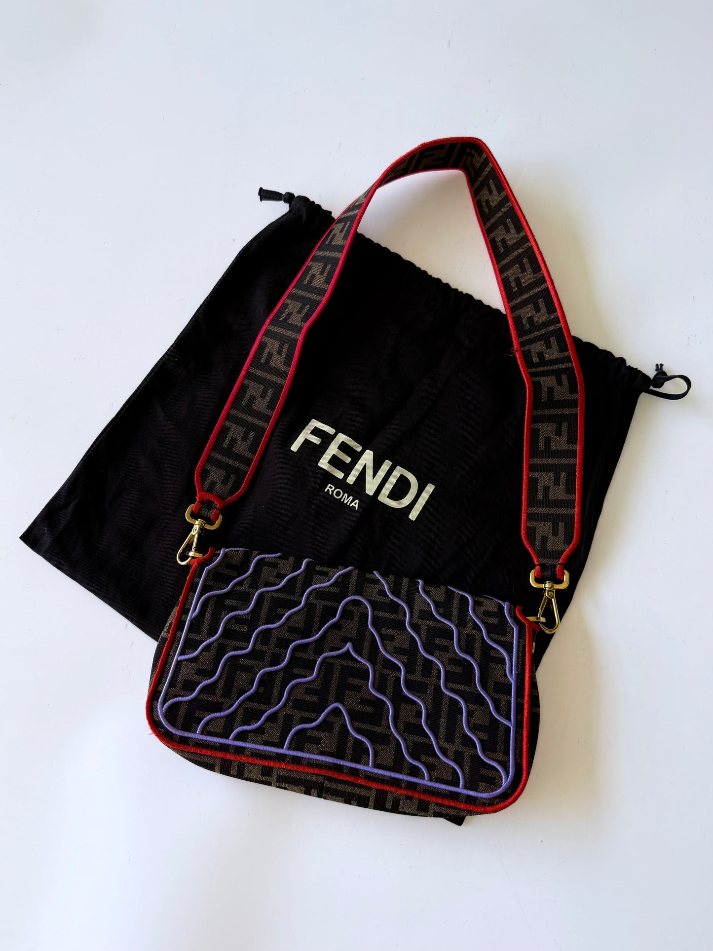 Fendi Tobacco Zucca Embroidered Convertible Baguette Bag