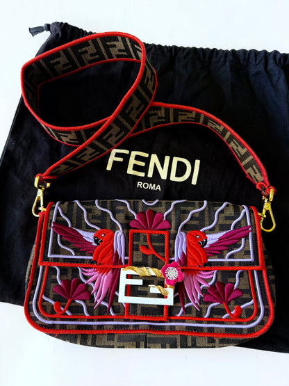 Fendi Tobacco Zucca Embroidered Convertible Baguette Bag