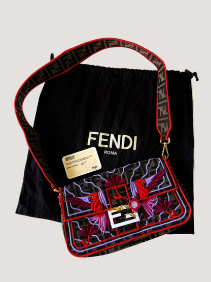 Fendi Tobacco Zucca Embroidered Convertible Baguette Bag