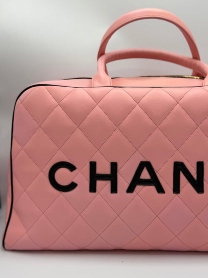 CHANEL 1995 VINTAGE PINK XL DUFFLE BOWLER LETTERED LOGO BAG