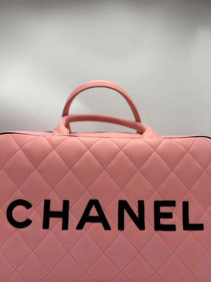 CHANEL 1995 VINTAGE PINK XL DUFFLE BOWLER LETTERED LOGO BAG