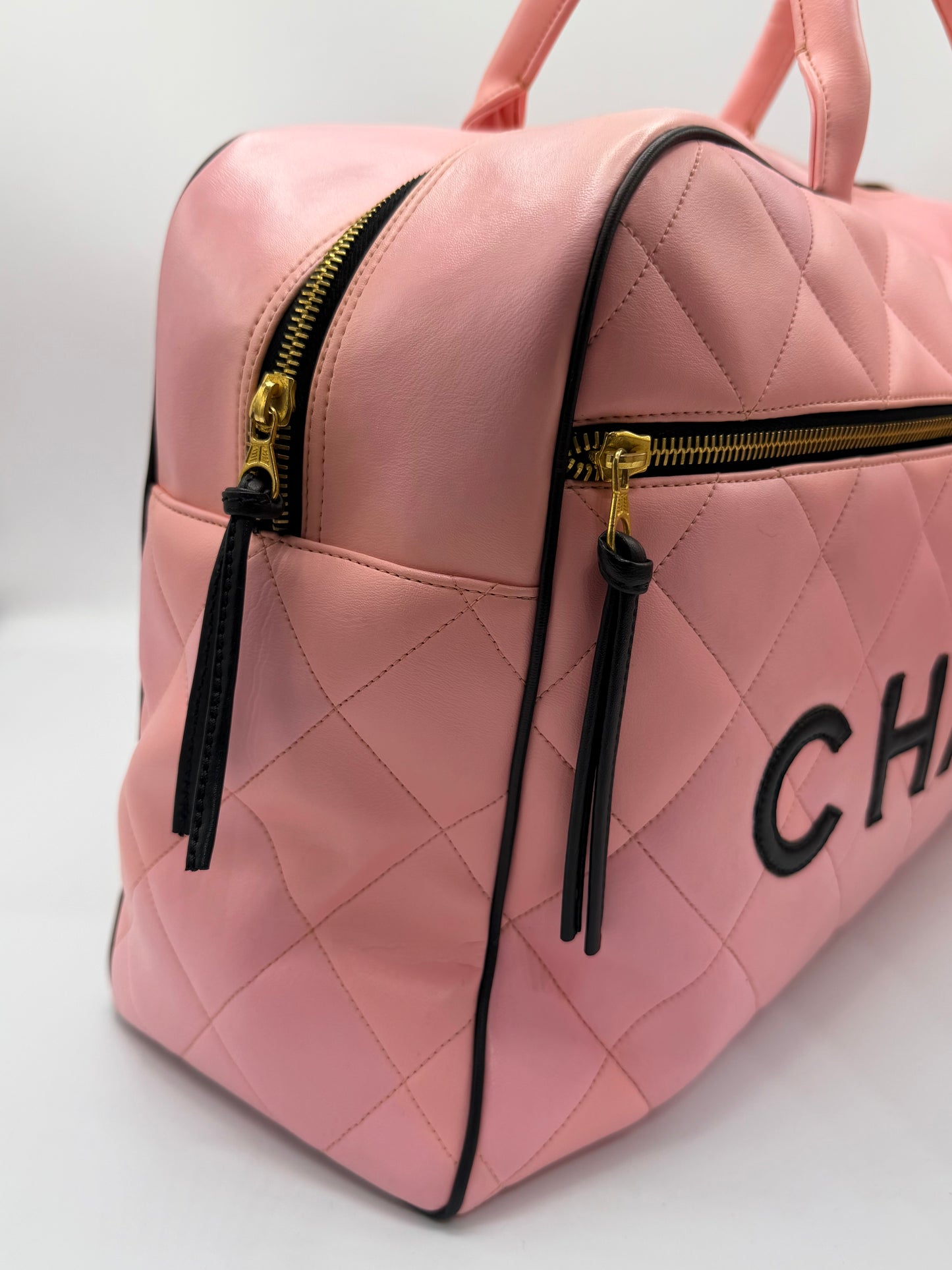 CHANEL 1995 VINTAGE PINK XL DUFFLE BOWLER LETTERED LOGO BAG