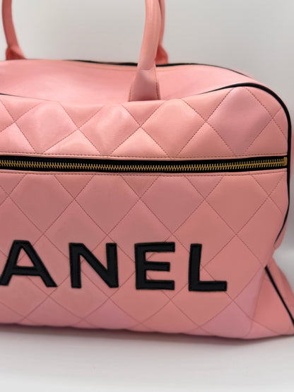 CHANEL 1995 VINTAGE PINK XL DUFFLE BOWLER LETTERED LOGO BAG