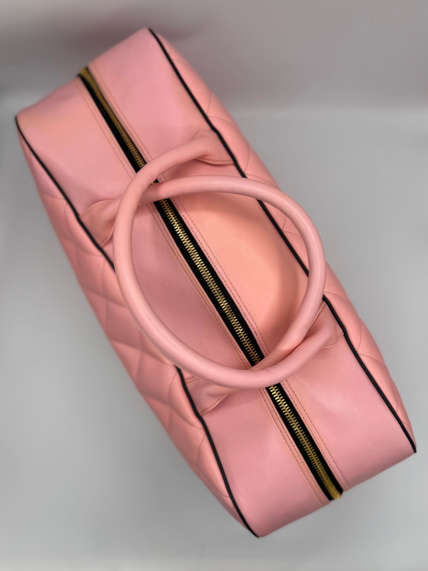 CHANEL 1995 VINTAGE PINK XL DUFFLE BOWLER LETTERED LOGO BAG