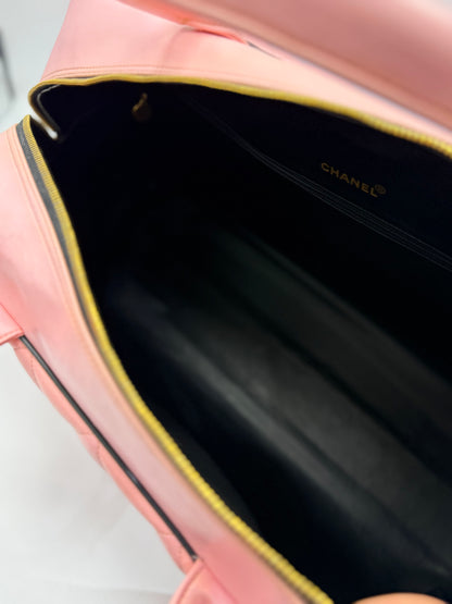 CHANEL 1995 VINTAGE PINK XL DUFFLE BOWLER LETTERED LOGO BAG