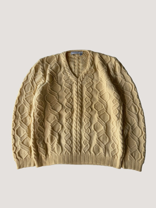 Vintage Christian Dior 80s Yellow Cable-Knit V-Neck Sweater
