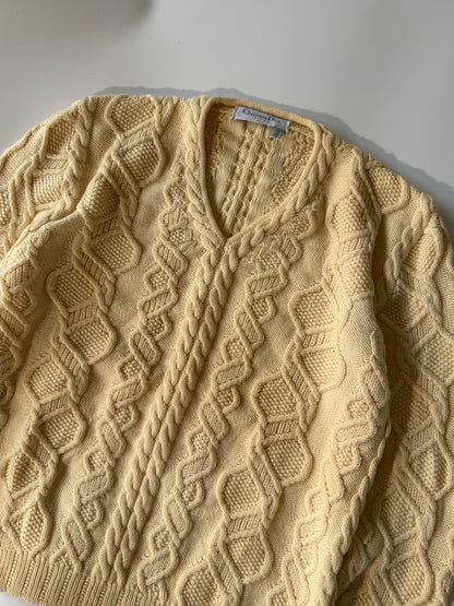 Vintage Christian Dior 80s Yellow Cable-Knit V-Neck Sweater
