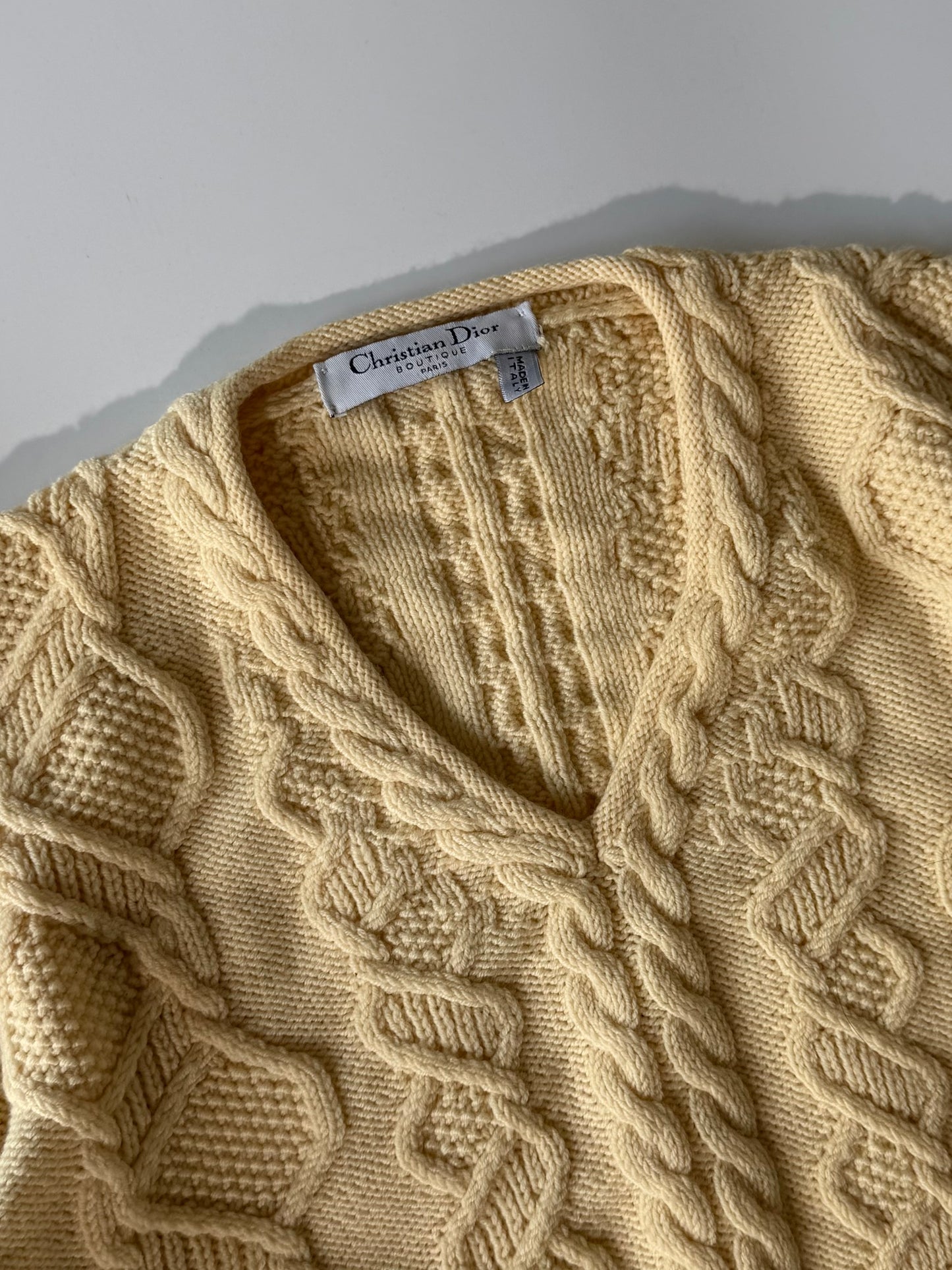 Vintage Christian Dior 80s Yellow Cable-Knit V-Neck Sweater
