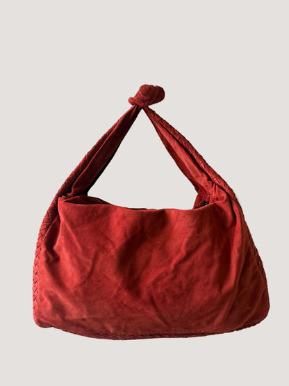 Bottega Veneta Red Suede Intrecciato Knot Hobo Bag