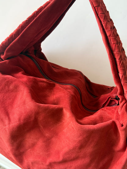 Bottega Veneta Red Suede Intrecciato Knot Hobo Bag