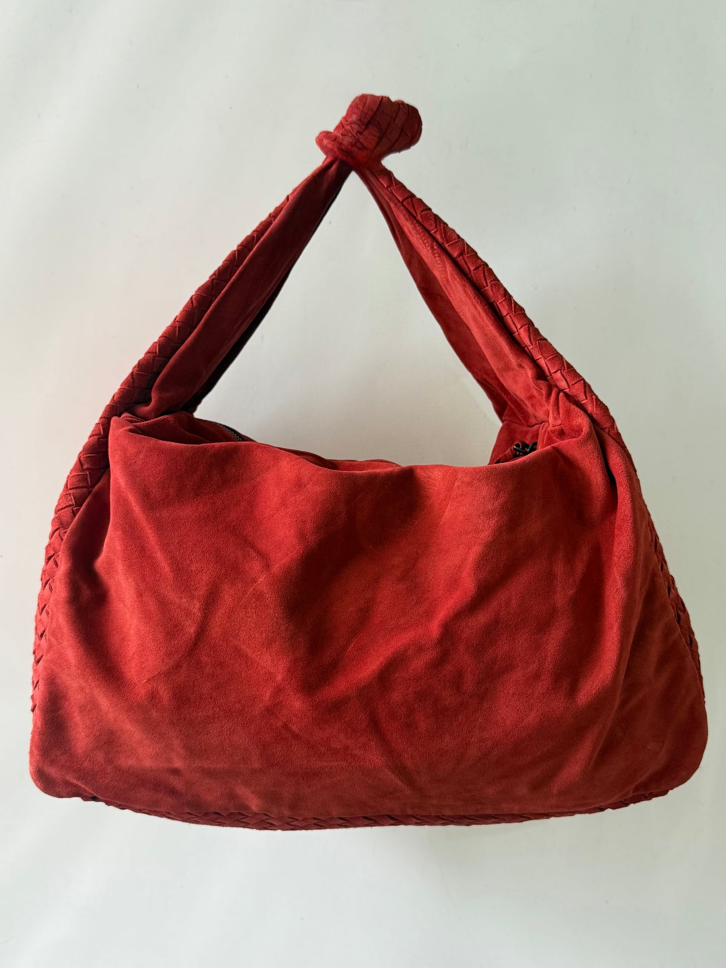 Bottega Veneta Red Suede Intrecciato Knot Hobo Bag