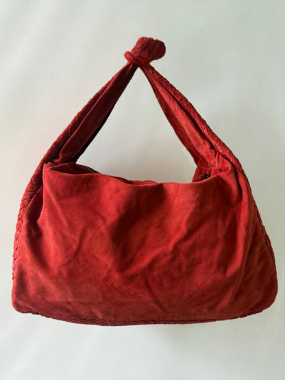Bottega Veneta Red Suede Intrecciato Knot Hobo Bag
