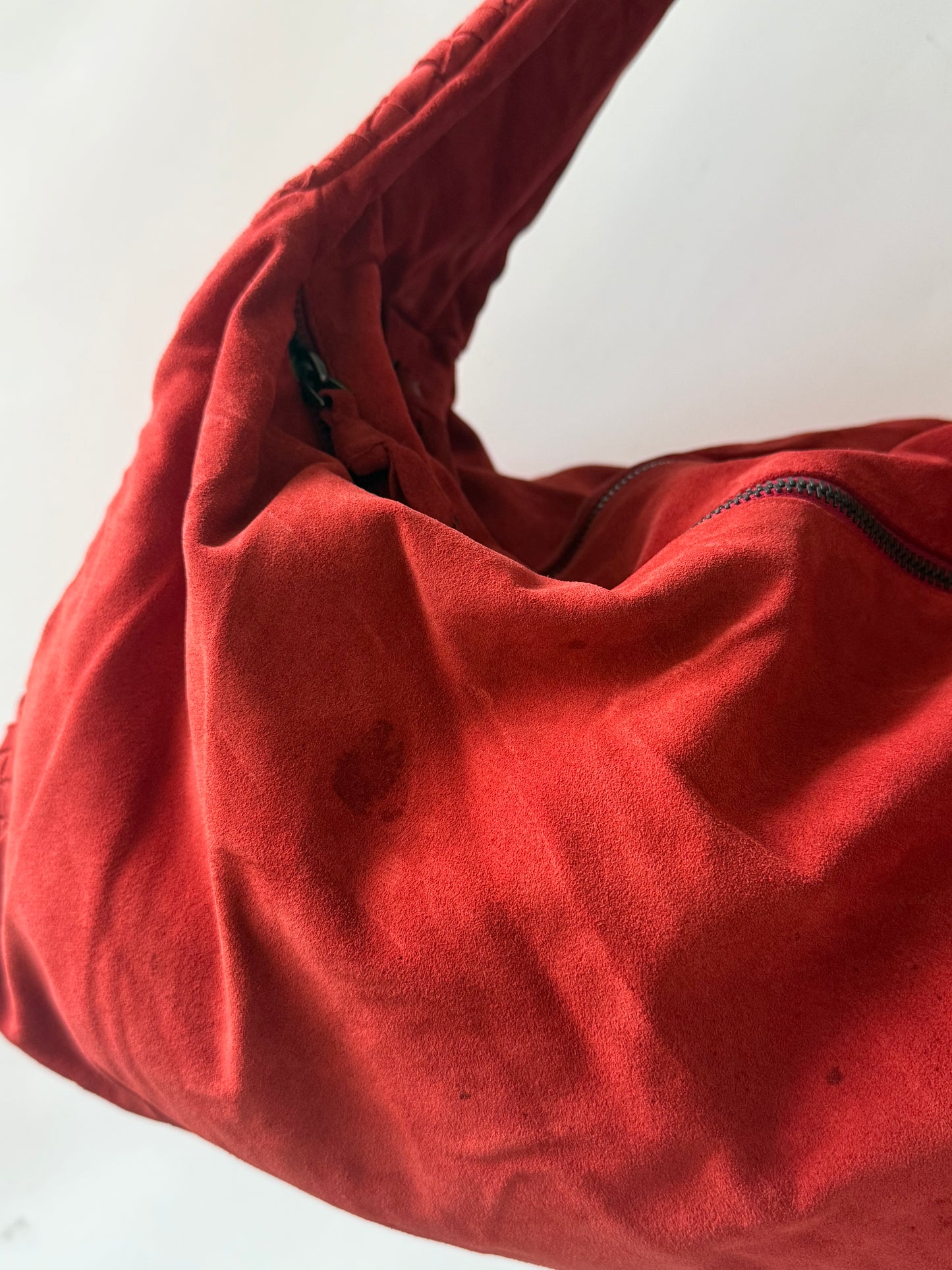 Bottega Veneta Red Suede Intrecciato Knot Hobo Bag