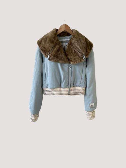 Chanel Sports Fall 2001 Blue CC Logo Fur Bomber Jacket