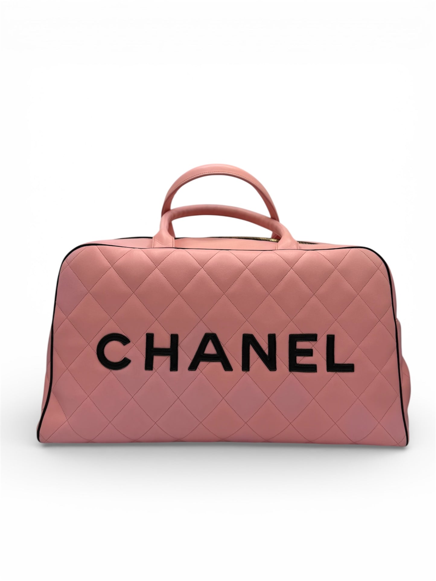 CHANEL 1995 VINTAGE PINK XL DUFFLE BOWLER LETTERED LOGO BAG