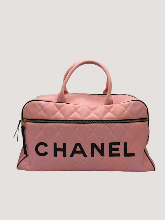 CHANEL 1995 VINTAGE PINK XL DUFFLE BOWLER LETTERED LOGO BAG