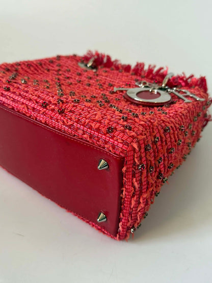 Christian Dior 2012 Tweed Fringe Rhinestone Lady Dior Bag