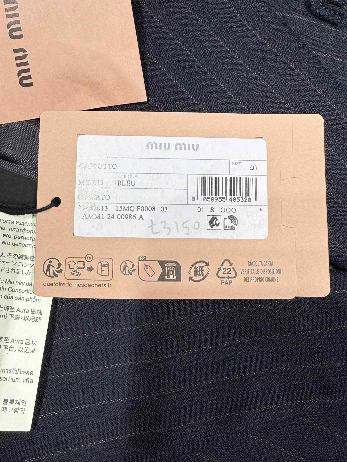Miu Miu Bleu Single-Breasted Pinstripe Coat