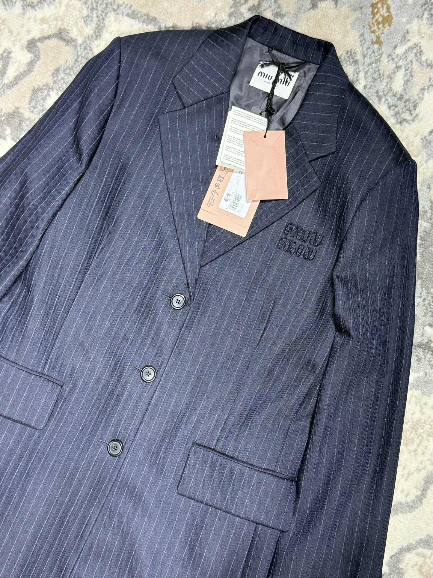 Miu Miu Bleu Single-Breasted Pinstripe Coat
