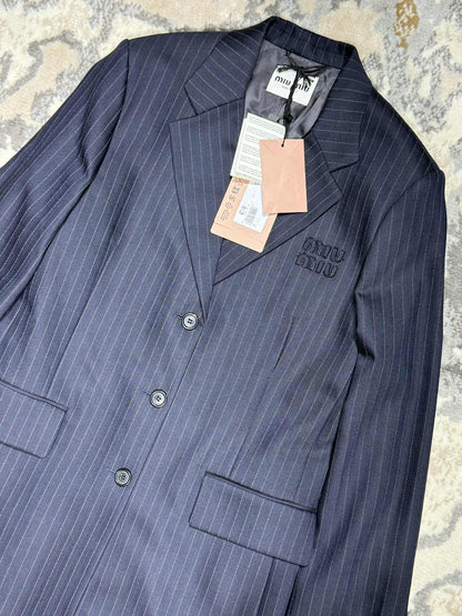 Miu Miu Bleu Single-Breasted Pinstripe Coat
