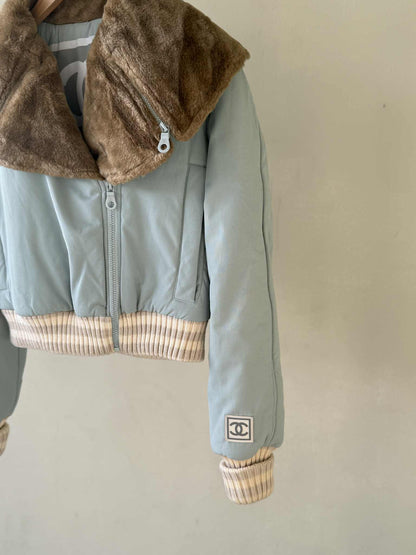 Chanel Sports Fall 2001 Blue CC Logo Fur Bomber Jacket