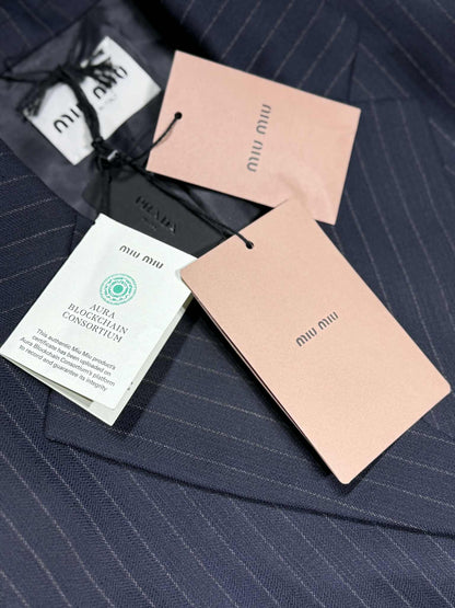 Miu Miu Bleu Single-Breasted Pinstripe Coat