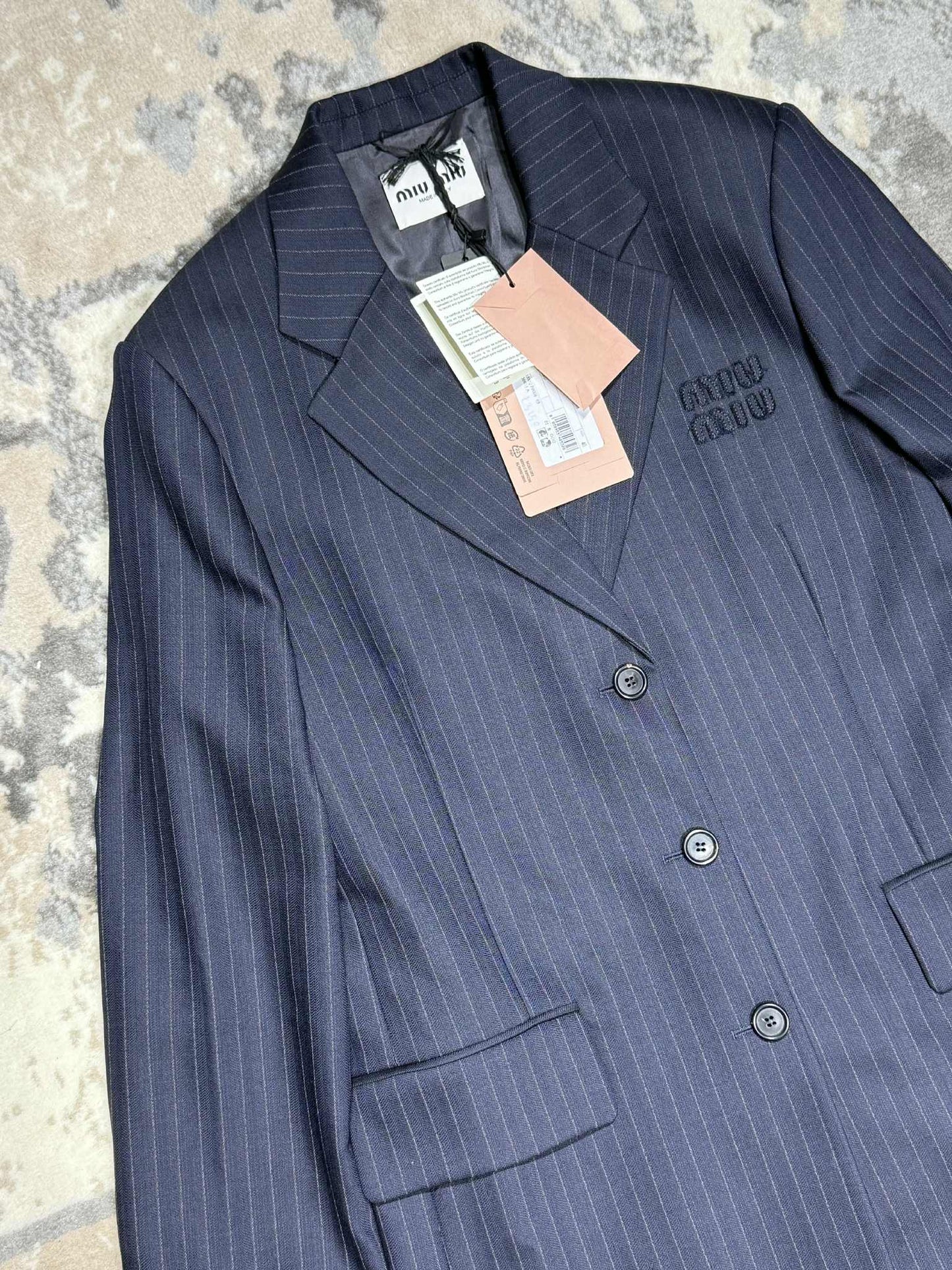 Miu Miu Bleu Single-Breasted Pinstripe Coat