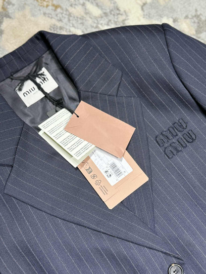 Miu Miu Bleu Single-Breasted Pinstripe Coat