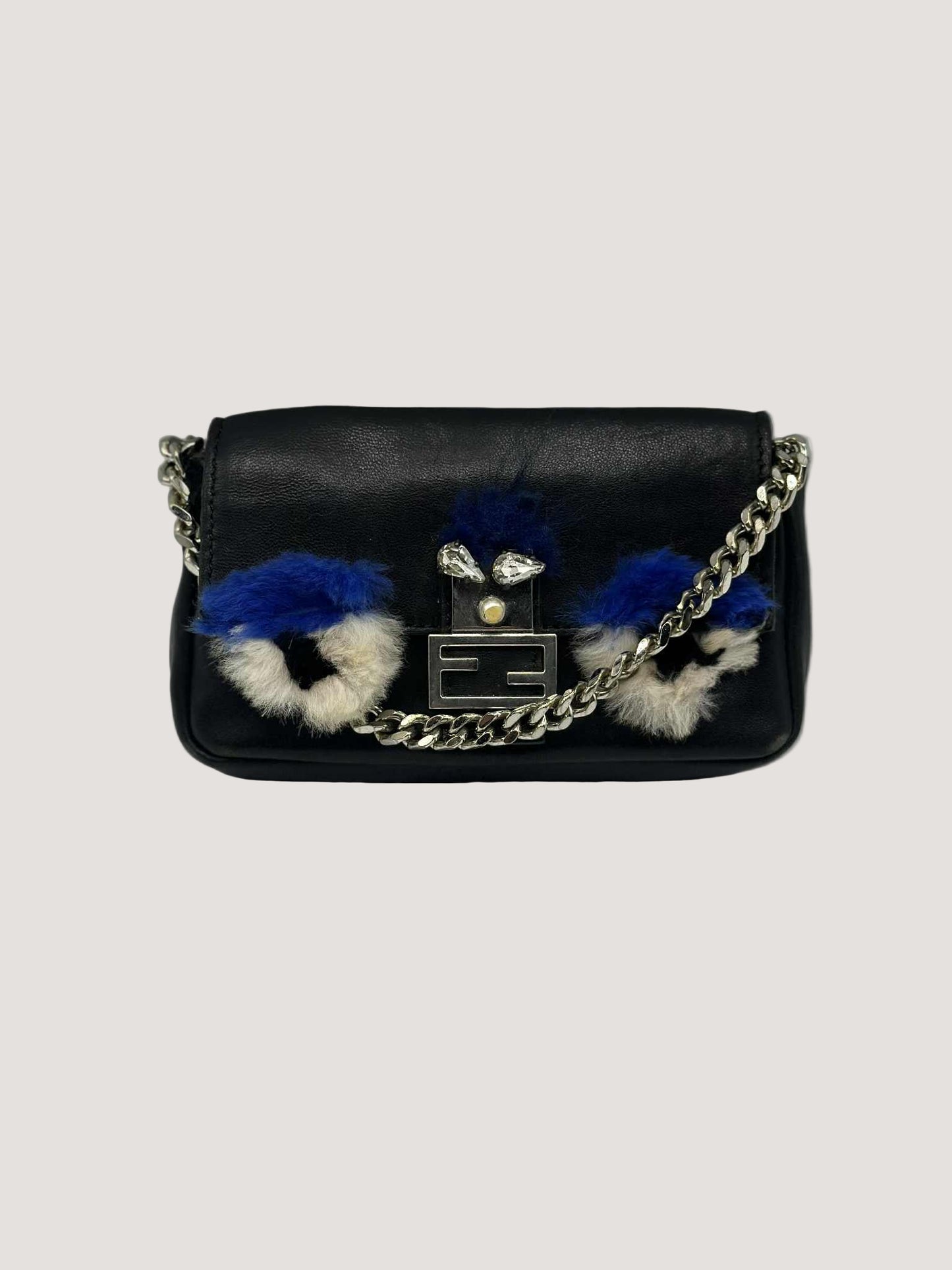 Fendi Nappa Leather & Fox Fur Micro Buggie Baguette Bag