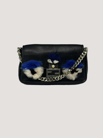 Fendi Nappa Leather & Fox Fur Micro Buggie Baguette Bag