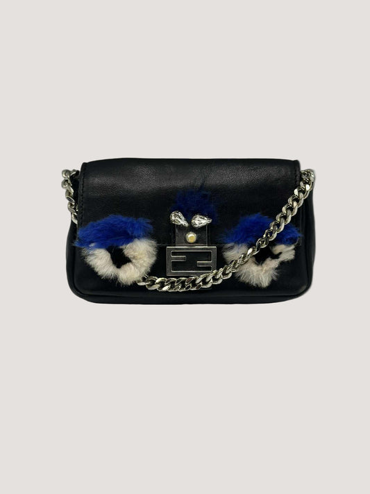 Fendi Nappa Leather & Fox Fur Micro Buggie Baguette Bag