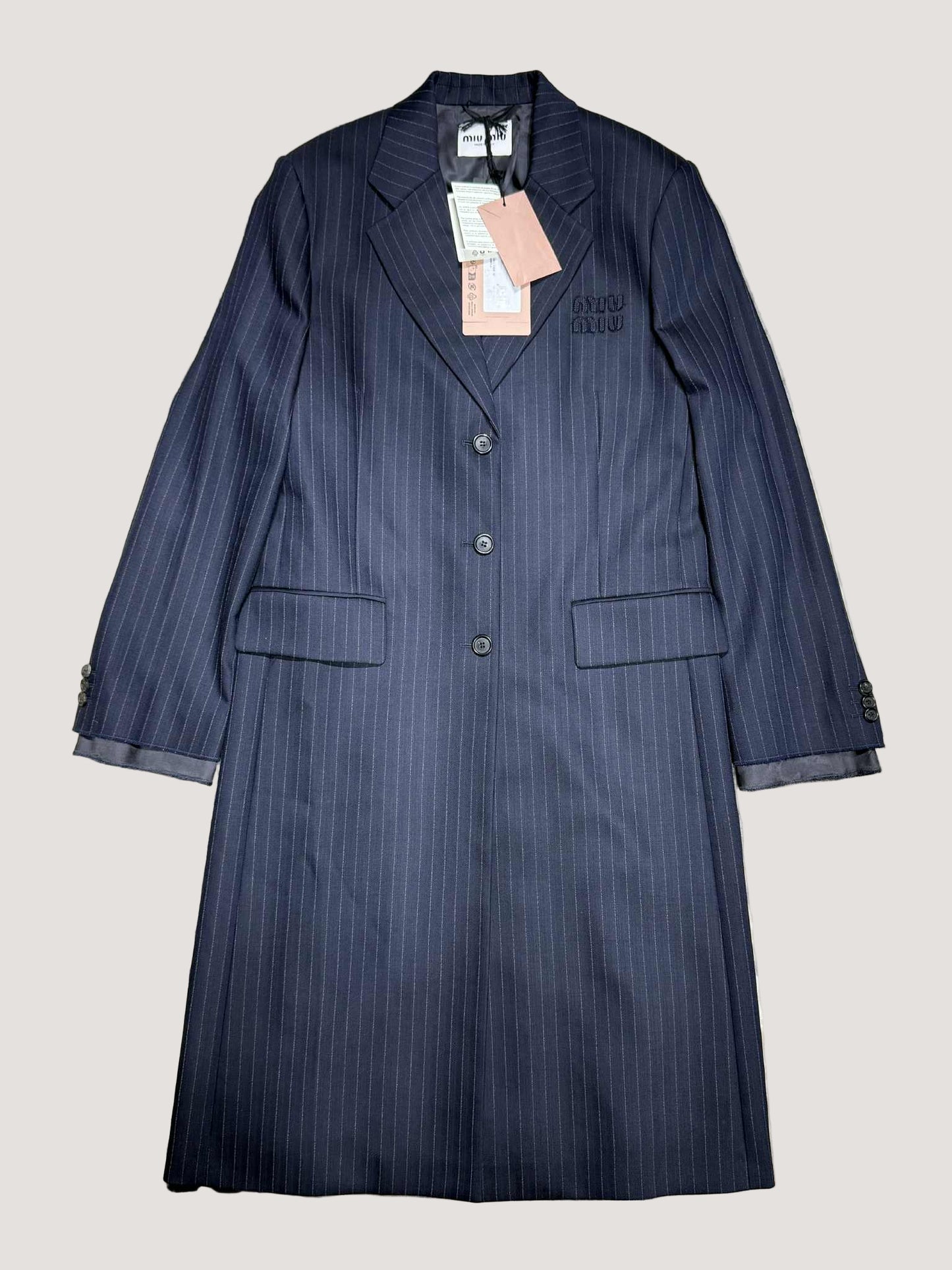 Miu Miu Bleu Single-Breasted Pinstripe Coat