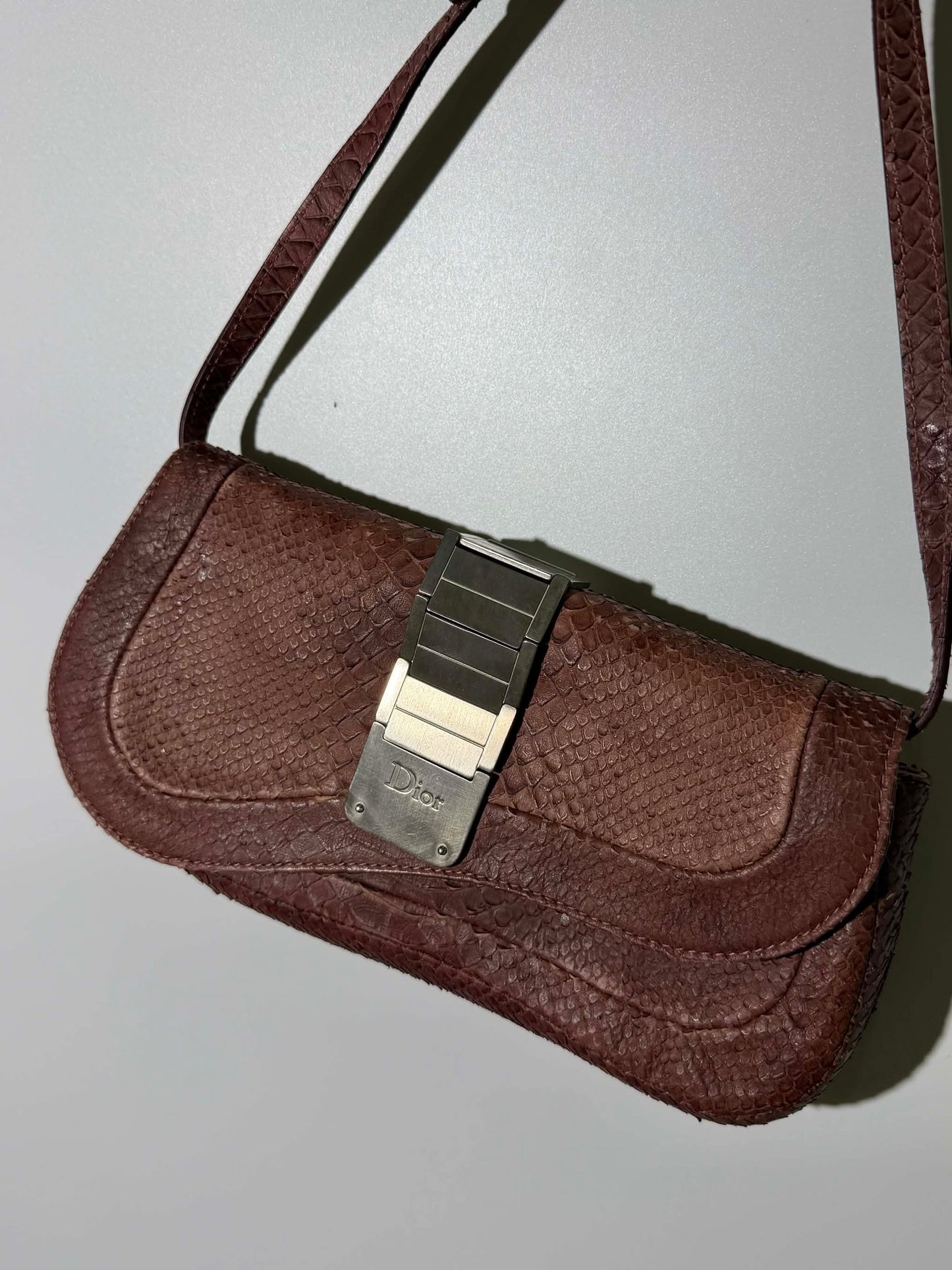 Christian Dior Maroon Python Skin Double Saddle Bag