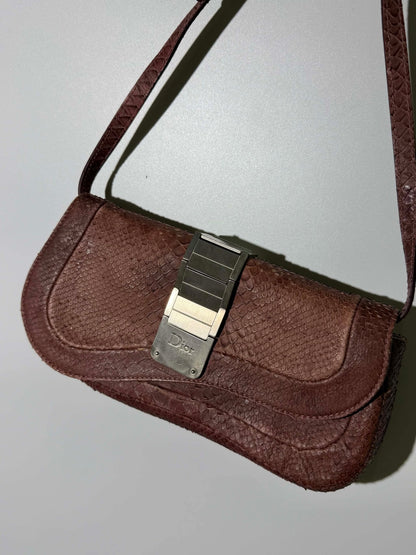 Christian Dior Maroon Python Skin Double Saddle Bag