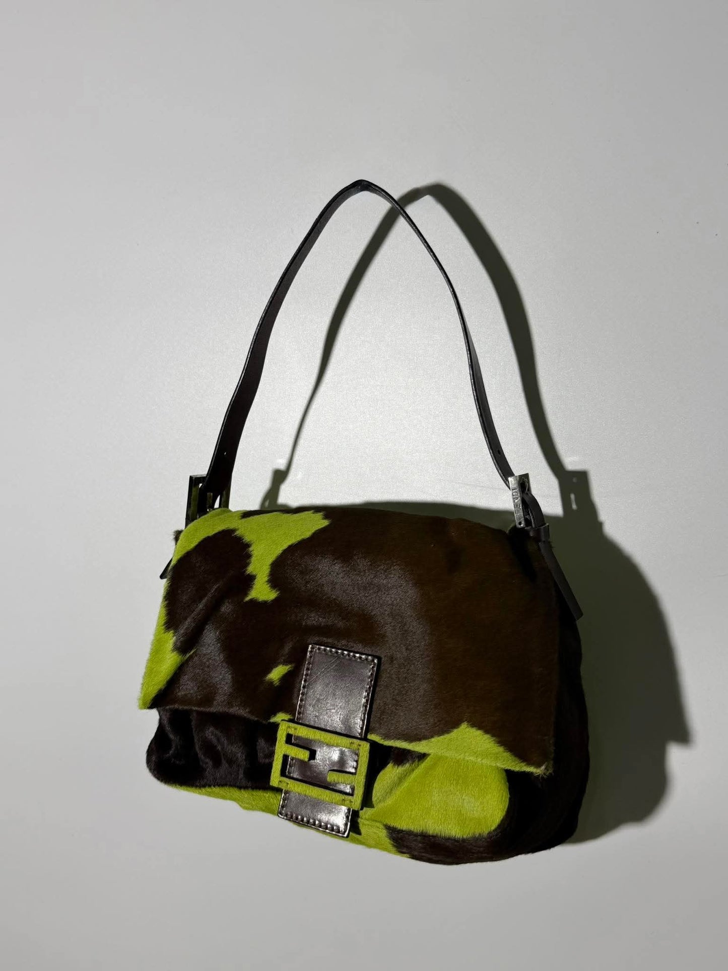 Vintage Fendi Ponyhair Mama Baguette Green/Brown Cow Print