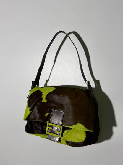 Vintage Fendi Ponyhair Mama Baguette Green/Brown Cow Print